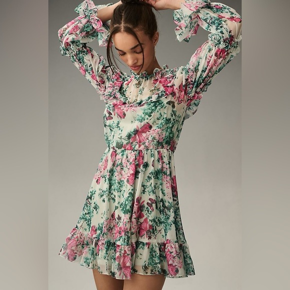 Anthropologie Mac Duggal Long-Sleeve Ruffled Mini Dress 12 NWT - Picture 1 of 7